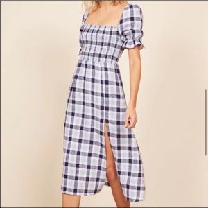 Reformation Marabella Cubana Linen Midi Length Plaid Dress Small